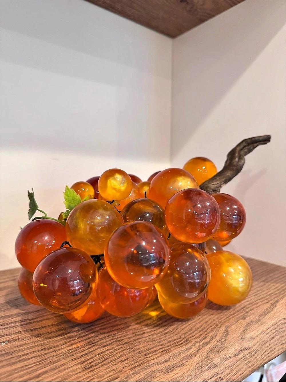 Vintage Mid-Century Modern Amber Lucite Grape Cluster on Driftwood Decor Orange